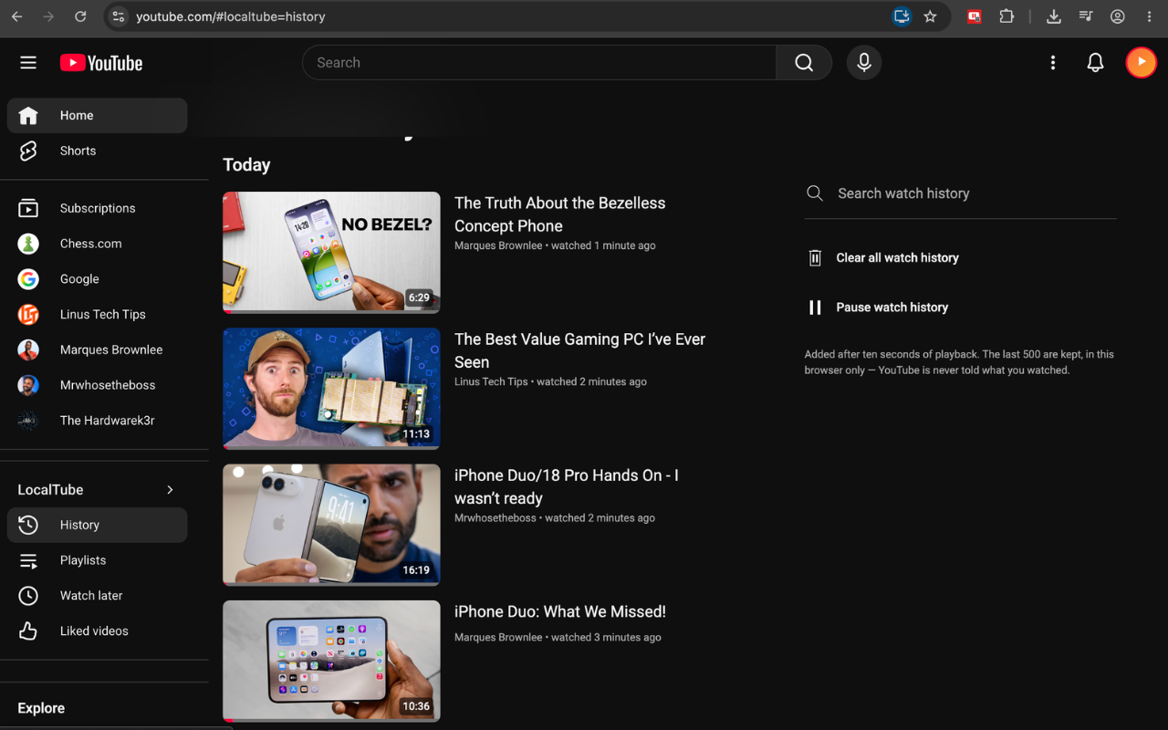LocalTube's watch history view, grouped by day, with a note that history is added after ten seconds of playback and never sent to YouTube