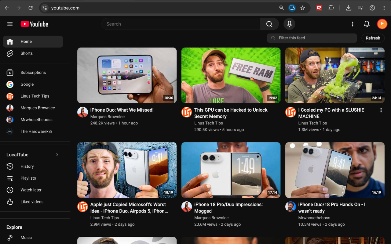 A YouTube homepage showing only videos from followed channels, with a LocalTube section added to the sidebar