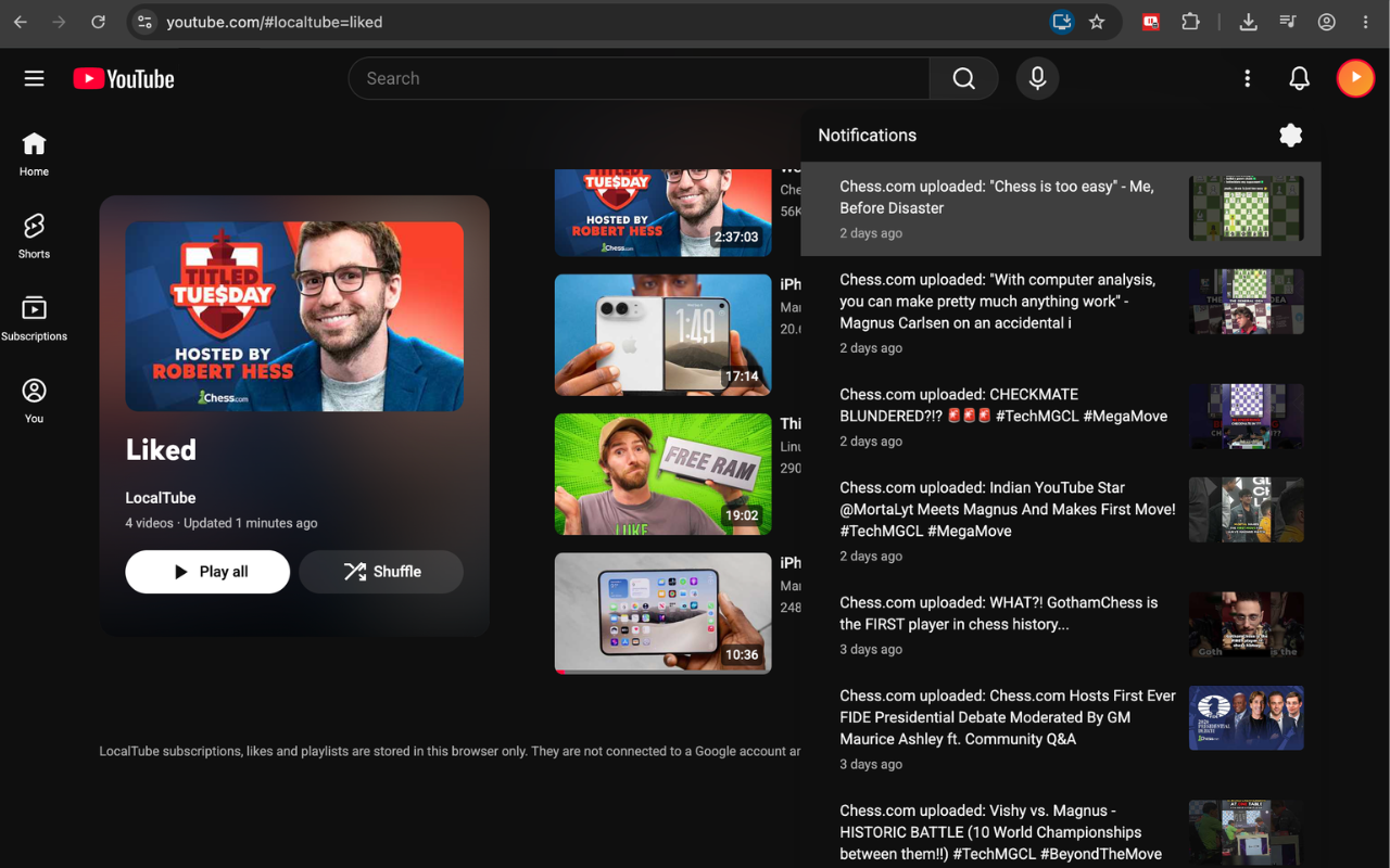 The Liked playlist page with a notification panel open in YouTube's masthead listing new uploads from followed channels