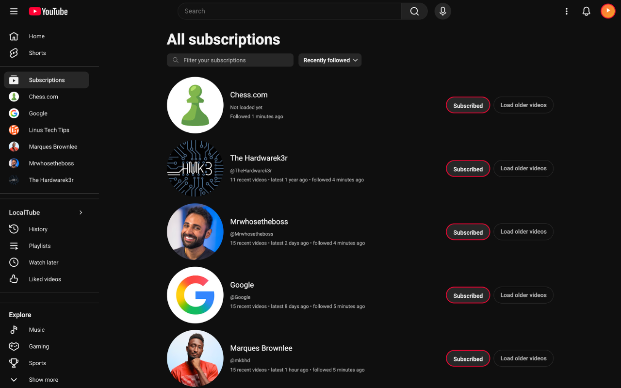 The LocalTube subscriptions page listing followed channels with handles and subscriber counts, no Google account signed in
